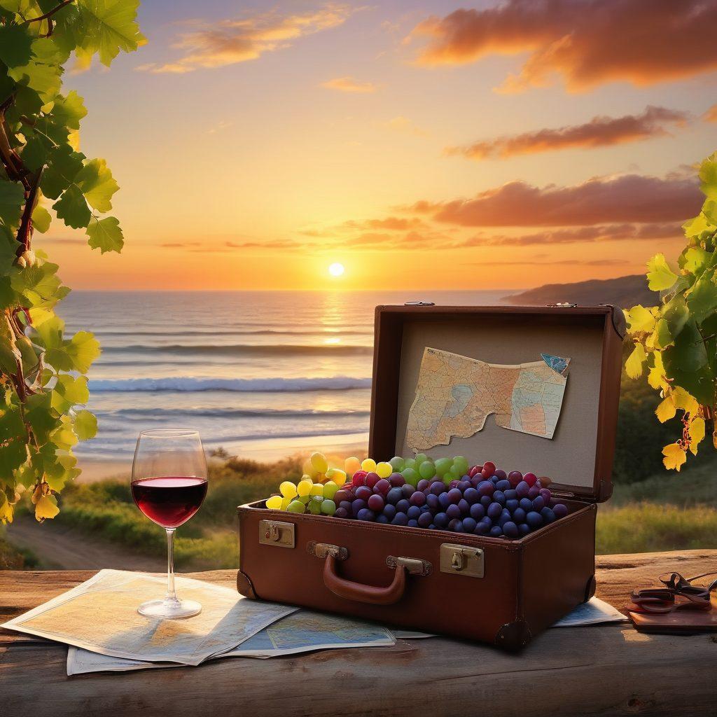 A scenic landscape that transitions from lush vineyards and rustic cellars to beautiful ocean shores with a traveler's suitcase and a glass of wine in the foreground. Capture the vibrant colors of grapes, waves, and sunset skies, symbolizing adventure and passion. Include elements like a vintage map and travel postcards scattered around. The image should evoke a sense of joy and exploration. super-realistic. vibrant colors.