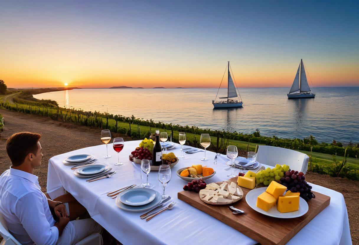 A serene coastal scene with a luxurious sailing yacht anchored near a vineyard, showcasing a table set with glasses of various wines and cheese platters under a blue sky. In the background, a diverse group of people, engaging in wine tasting and interacting with marine life, conveys a sense of adventure and exploration in both wine tourism and marine careers. Captivating sunset hues reflecting on the water add warmth and richness to the image. super-realistic. vibrant colors. 3D.